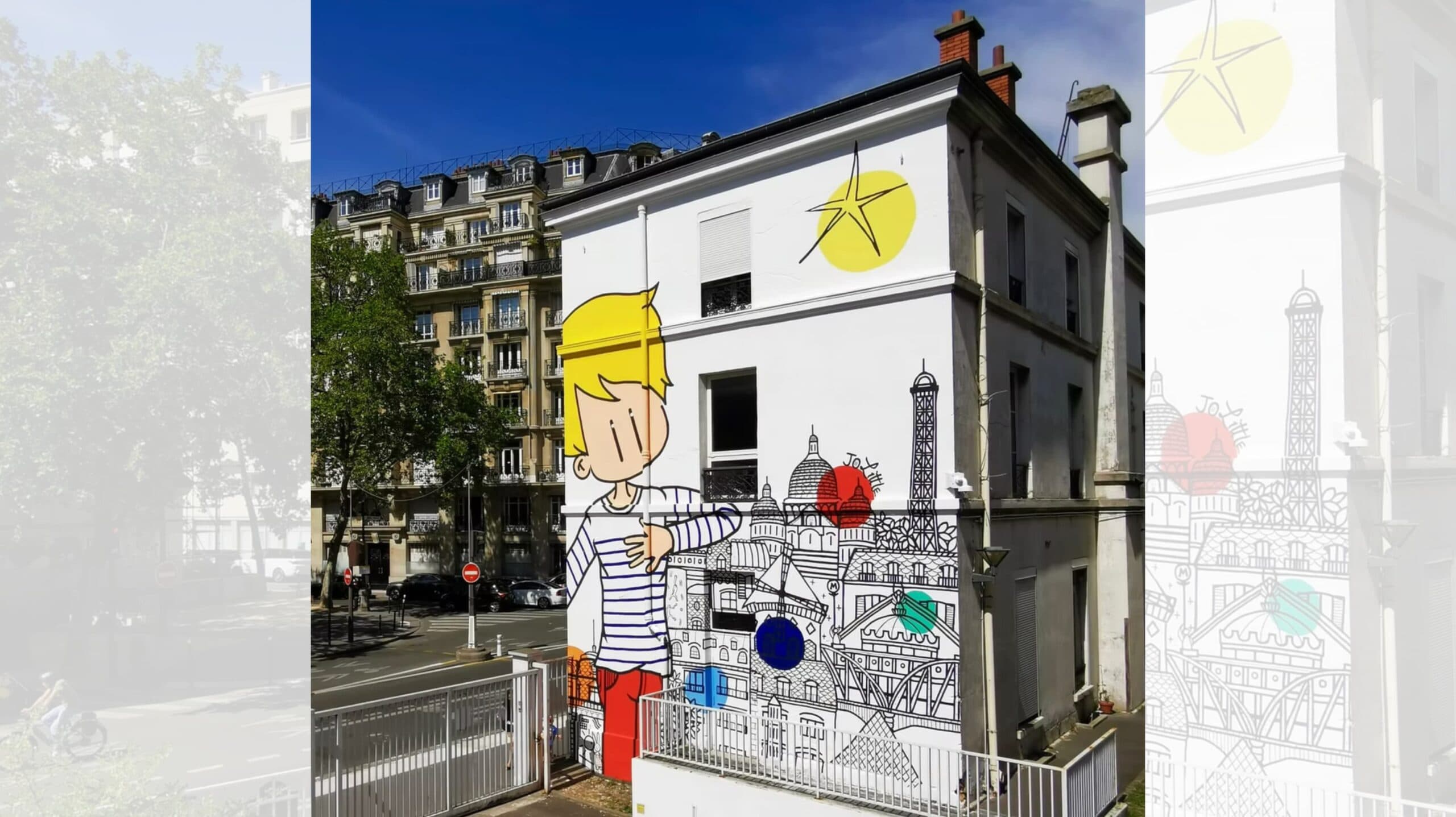 Oeuvre rmurale éalisée sur un mur de l'hôpital Necker à Paris par l'artiste Jo Little. Elle représente Jo, un jeune garçon blond vêtu de sa marinière avec un décor composé des principaux monuments de Paris.